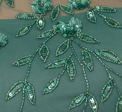 3D Floral Beaded Dress With Sheer Short Sleeves In Green Slate