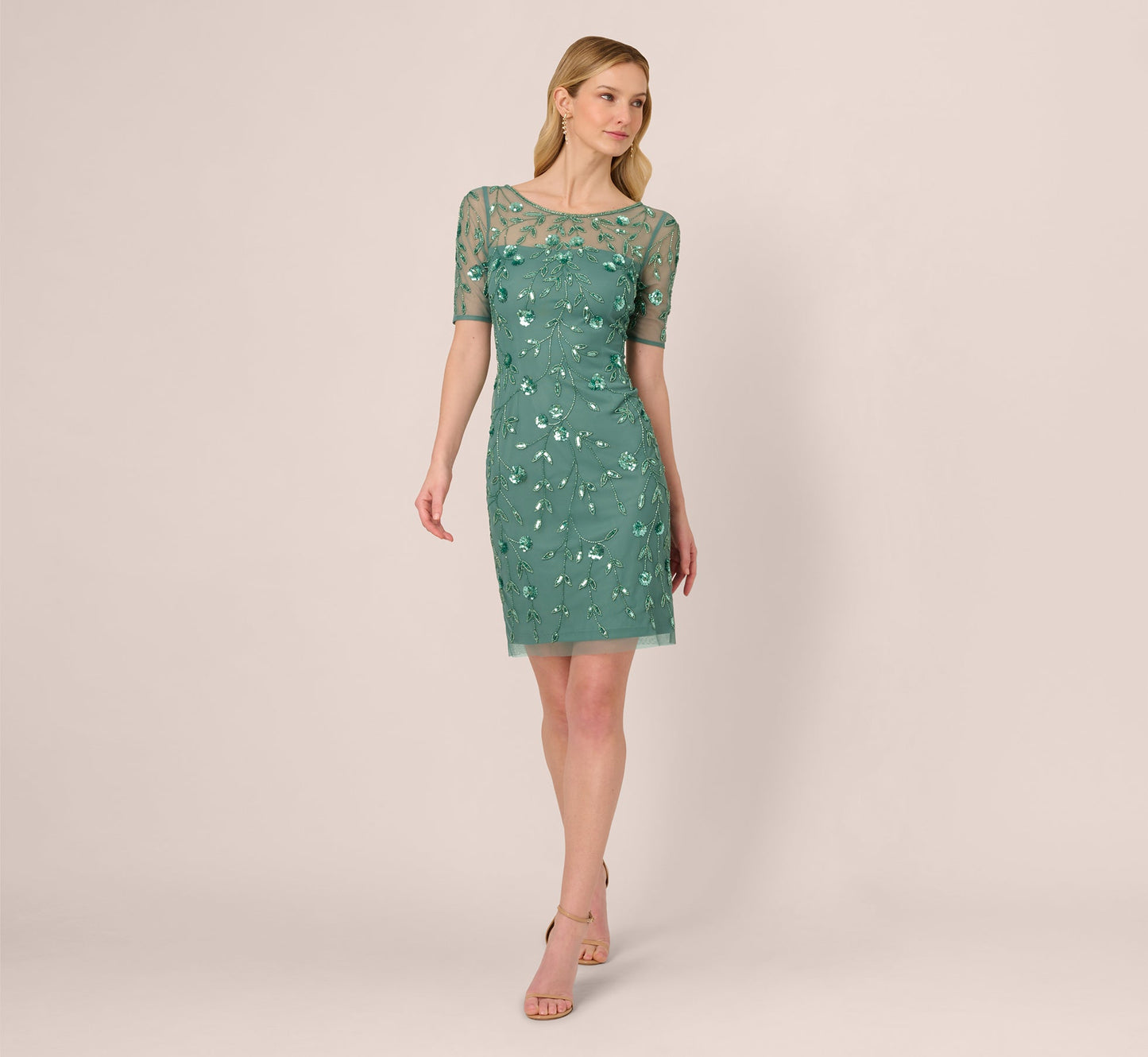 3D Floral Beaded Dress With Sheer Short Sleeves In Green Slate