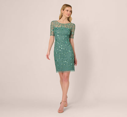 3D Floral Beaded Dress With Sheer Short Sleeves In Green Slate