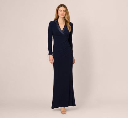 Tuxedo Mermaid Gown With Long Sleeves In Midnight