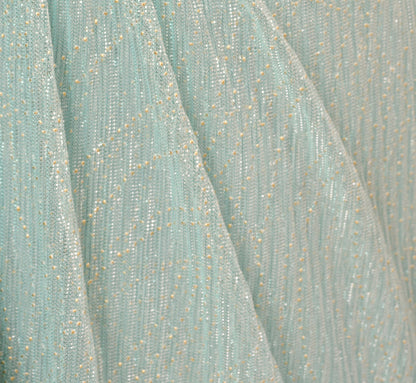 Crinkle Metallic Gown With Sheer Bishop Sleeves And Draped Details In Mint Smoke