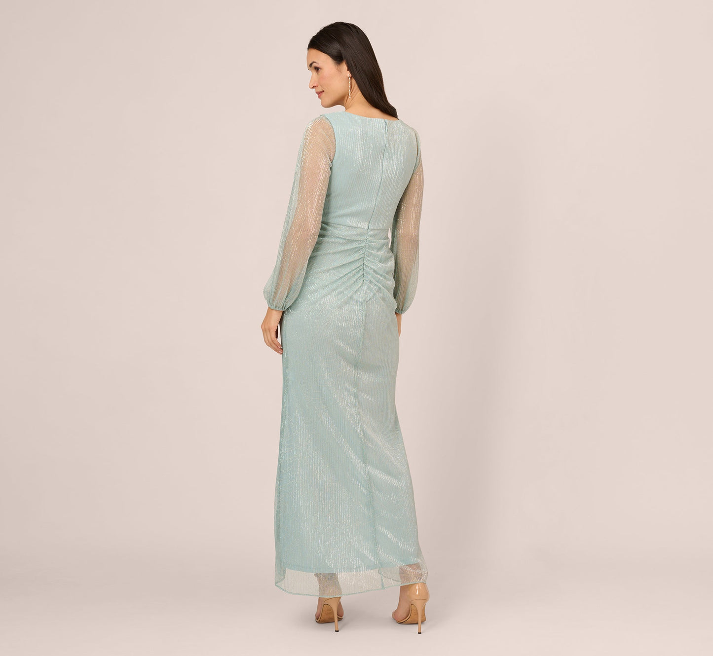 Crinkle Metallic Gown With Sheer Bishop Sleeves And Draped Details In Mint Smoke