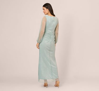 Crinkle Metallic Gown With Sheer Bishop Sleeves And Draped Details In Mint Smoke