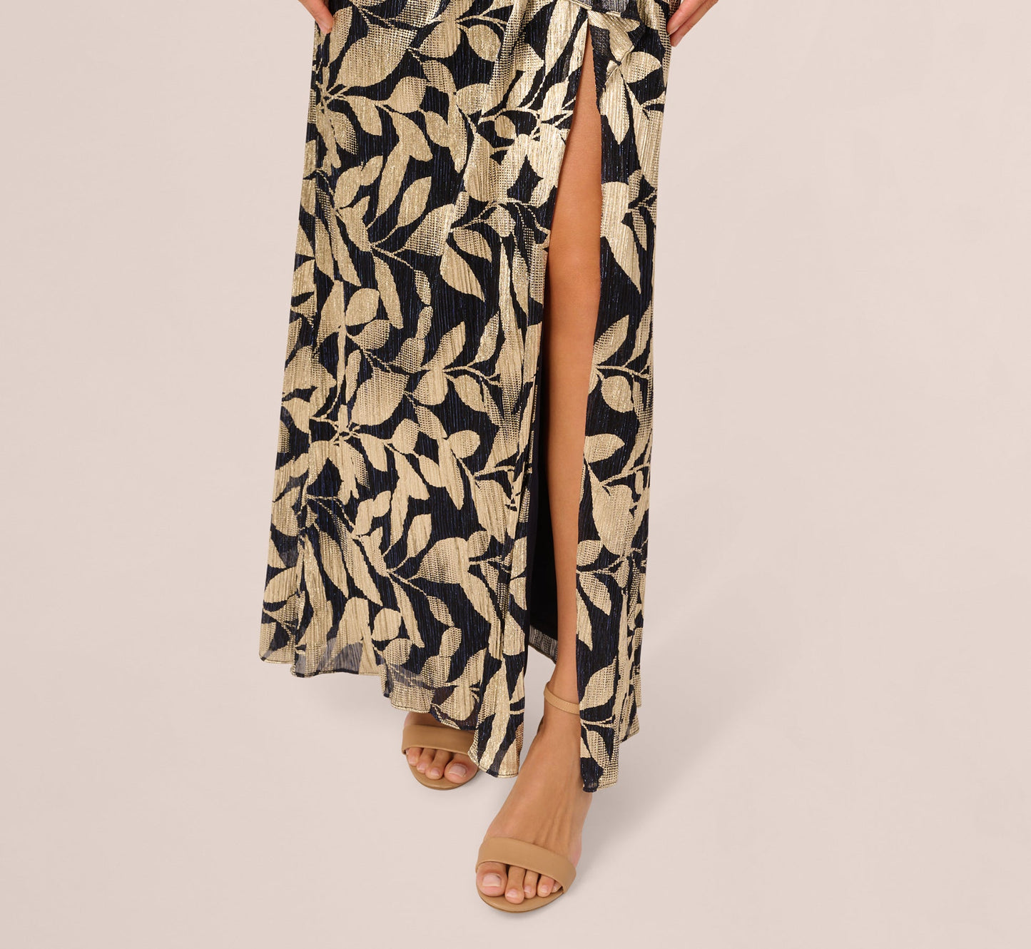 Foil Printed Asymmetric Gown With Ruffled Detail In Navy Gold