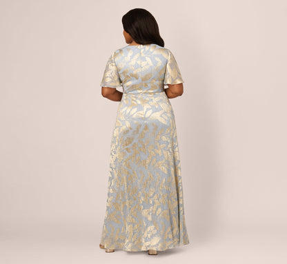 Plus Size Foil Leaf Short Sleeve Gown With Draped Details In Light Blue Gold