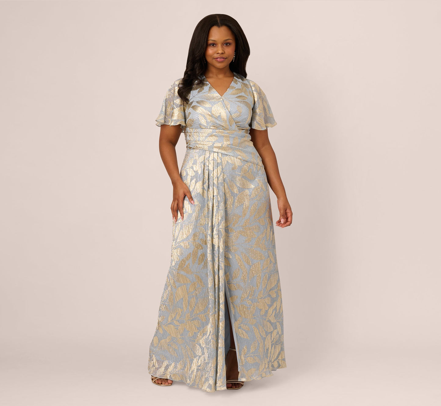 Plus Size Foil Leaf Short Sleeve Gown With Draped Details In Light Blue Gold