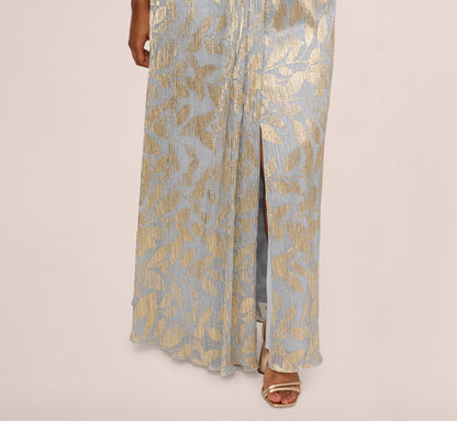 Plus Size Foil Leaf Short Sleeve Gown With Draped Details In Light Blue Gold