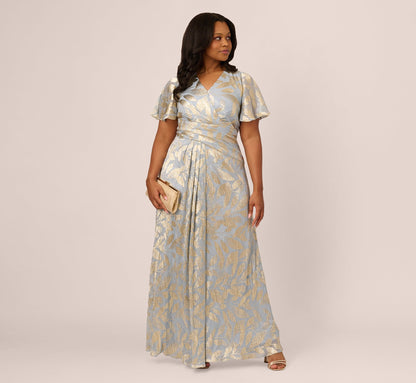 Plus Size Foil Leaf Short Sleeve Gown With Draped Details In Light Blue Gold