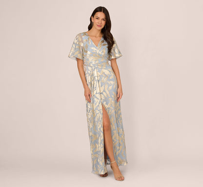 Foil Leaf Short Sleeve Gown With Draped Details In Light Blue Gold
