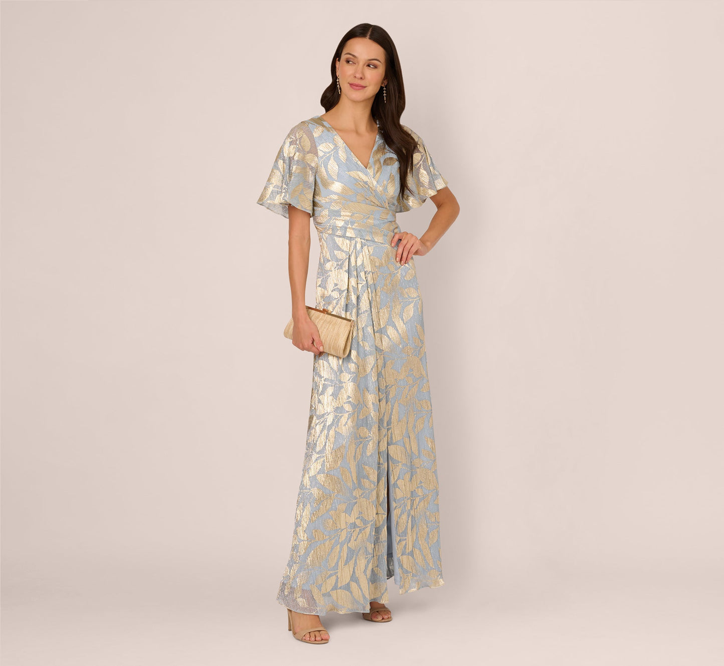 Foil Leaf Short Sleeve Gown With Draped Details In Light Blue Gold