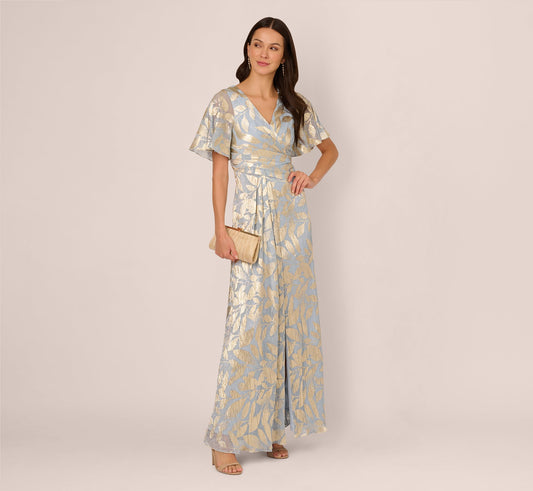 Foil Leaf Short Sleeve Gown With Draped Details In Light Blue Gold