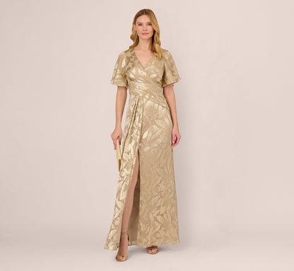 Foil Leaf Short Sleeve Gown With Draped Details In Champagne Gold