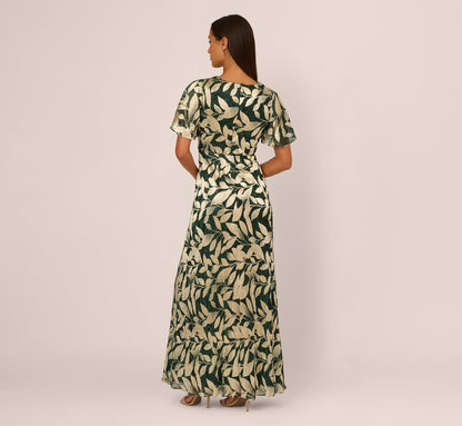 Foil Leaf Short Sleeve Gown With Draped Details In Green Pine Gold