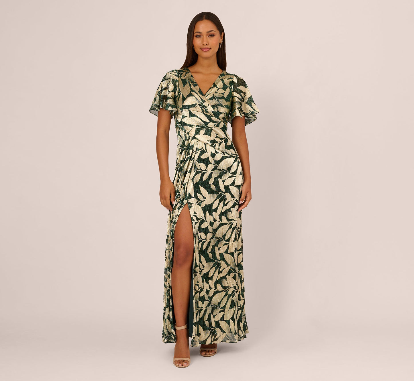 Foil Leaf Short Sleeve Gown With Draped Details In Green Pine Gold