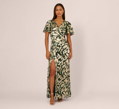 Foil Leaf Short Sleeve Gown With Draped Details In Green Pine Gold