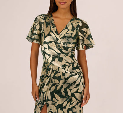 Foil Leaf Short Sleeve Gown With Draped Details In Green Pine Gold