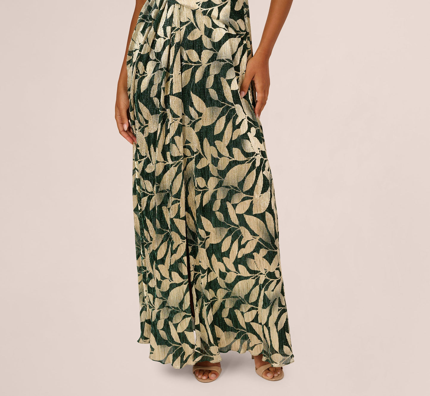 Foil Leaf Short Sleeve Gown With Draped Details In Green Pine Gold