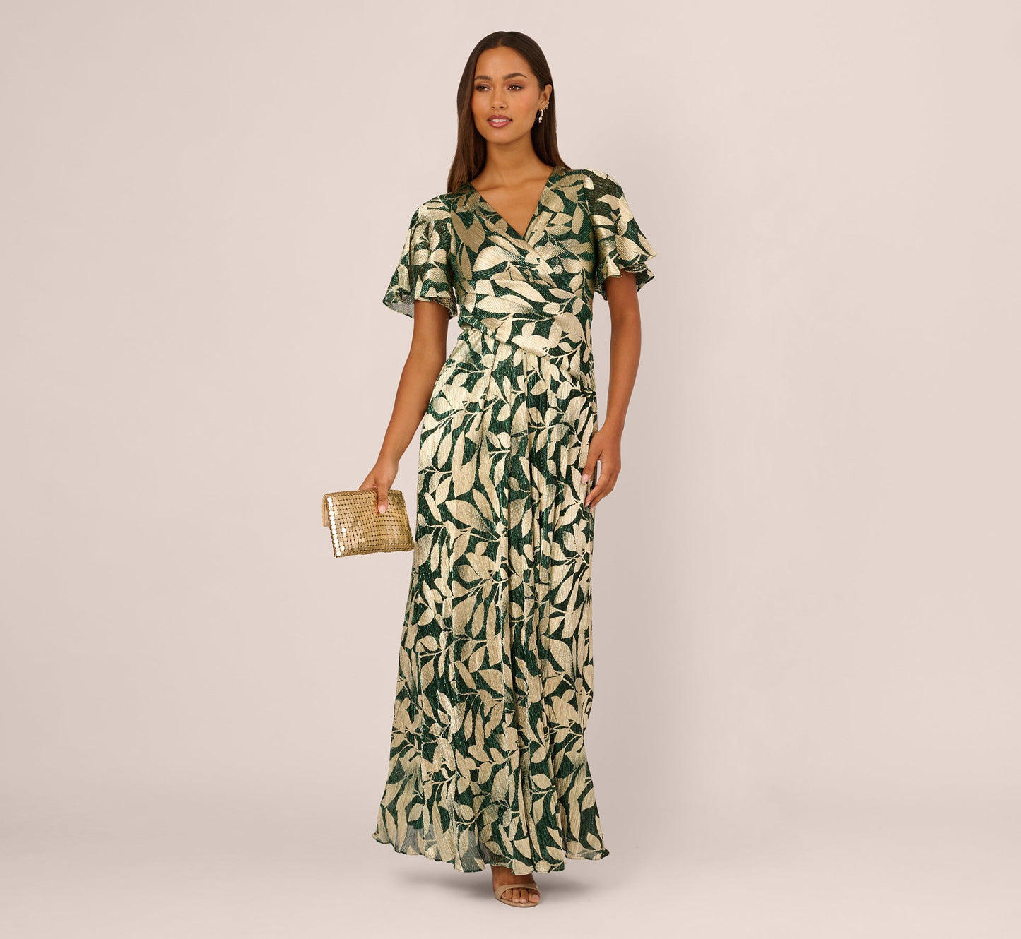 Foil Leaf Short Sleeve Gown With Draped Details In Green Pine Gold
