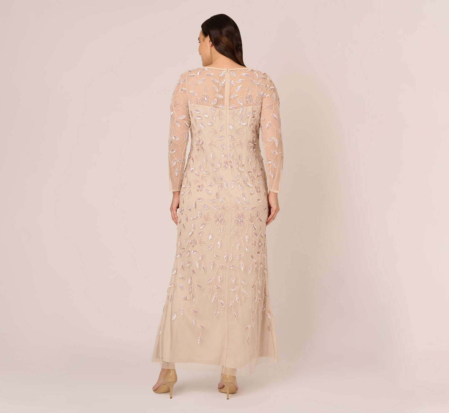 Plus Size Illusion Floral Beaded Gown With Sheer Long Sleeves In Latte