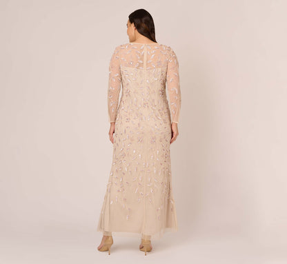 Plus Size Illusion Floral Beaded Gown With Sheer Long Sleeves In Latte