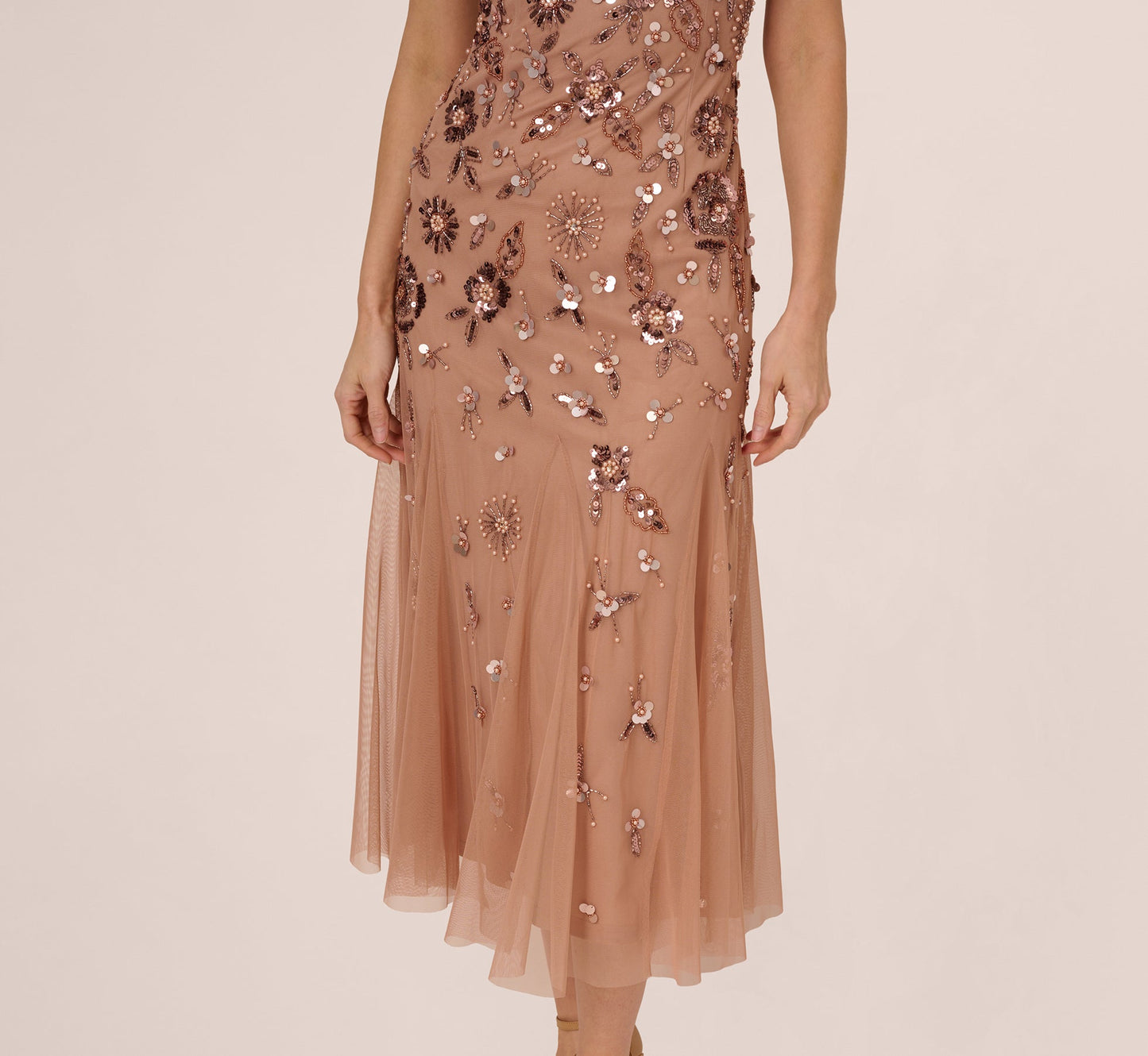 Floral Beaded Ankle Length Gown In Rose Gold