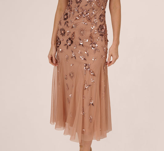 Floral Beaded Ankle Length Gown In Rose Gold
