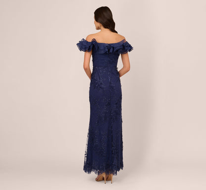 Ruffle Off The Shoulder Floral Lace Gown In Light Navy