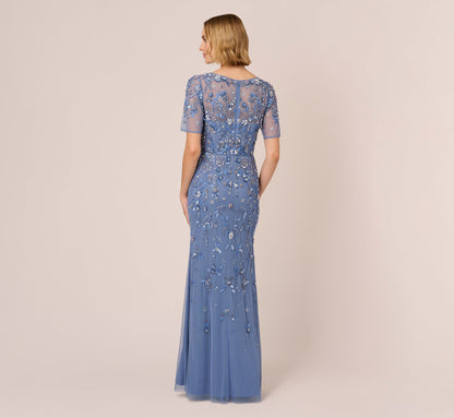 3D Floral Beaded Mermaid Gown With Sheer Short Sleeves In French Blue
