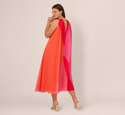 Plus Size Color Block Chiffon Trapeze Dress With Chain Halter Neckline In Red Multi
