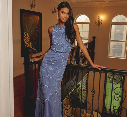 Sleeveless Blouson Mermaid Gown With Jasmine Beading In French Blue