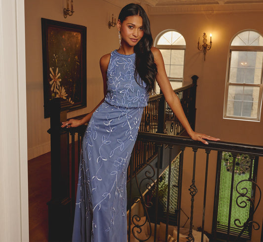 Sleeveless Blouson Mermaid Gown With Jasmine Beading In French Blue