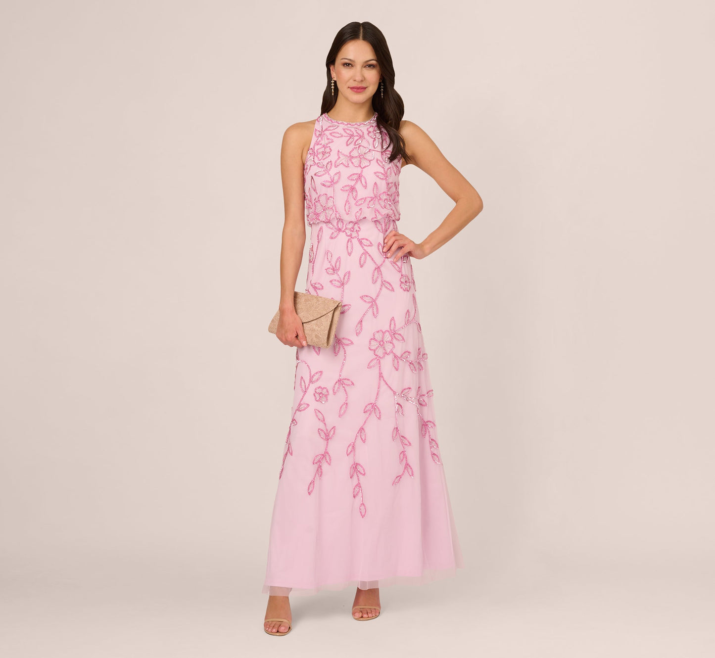 Sleeveless Blouson Mermaid Gown With Jasmine Beading In Pink Lace
