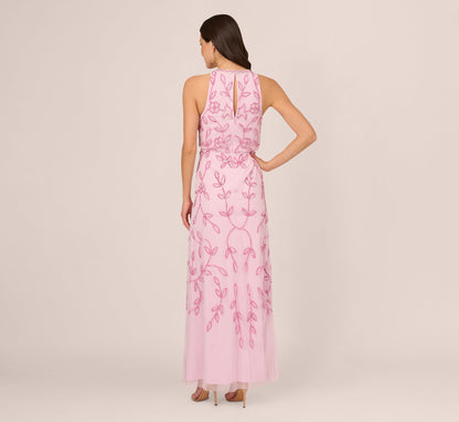 Sleeveless Blouson Mermaid Gown With Jasmine Beading In Pink Lace