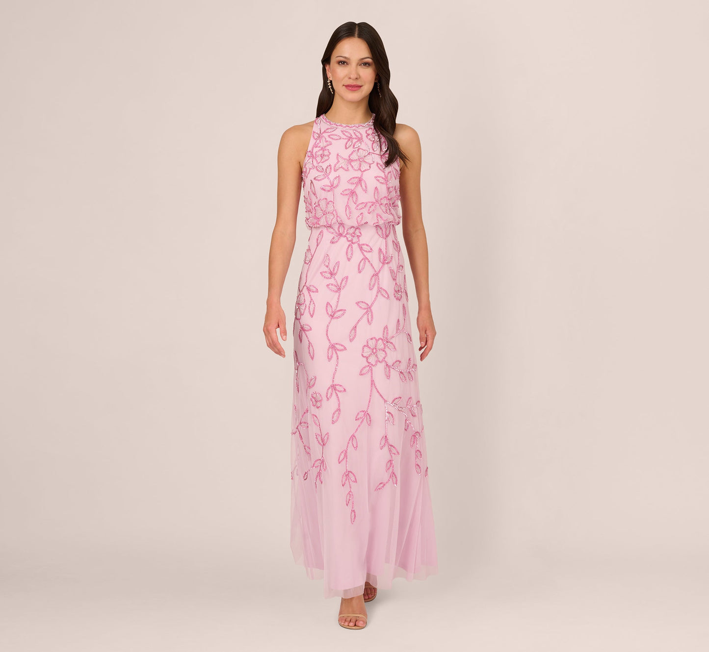 Sleeveless Blouson Mermaid Gown With Jasmine Beading In Pink Lace