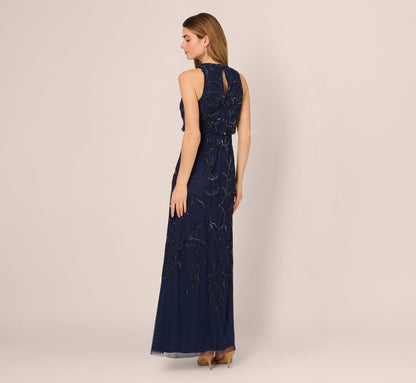 Sleeveless Blouson Mermaid Gown With Jasmine Beading In Light Navy