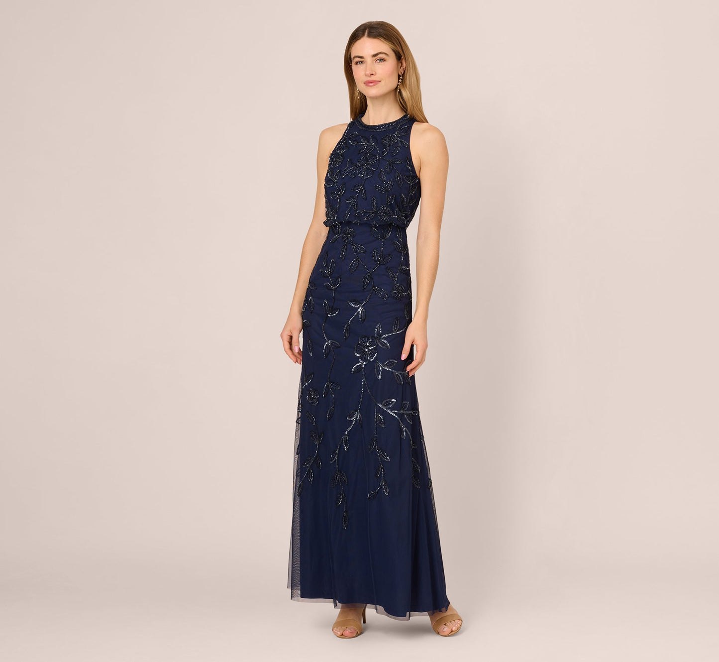 Sleeveless Blouson Mermaid Gown With Jasmine Beading In Light Navy