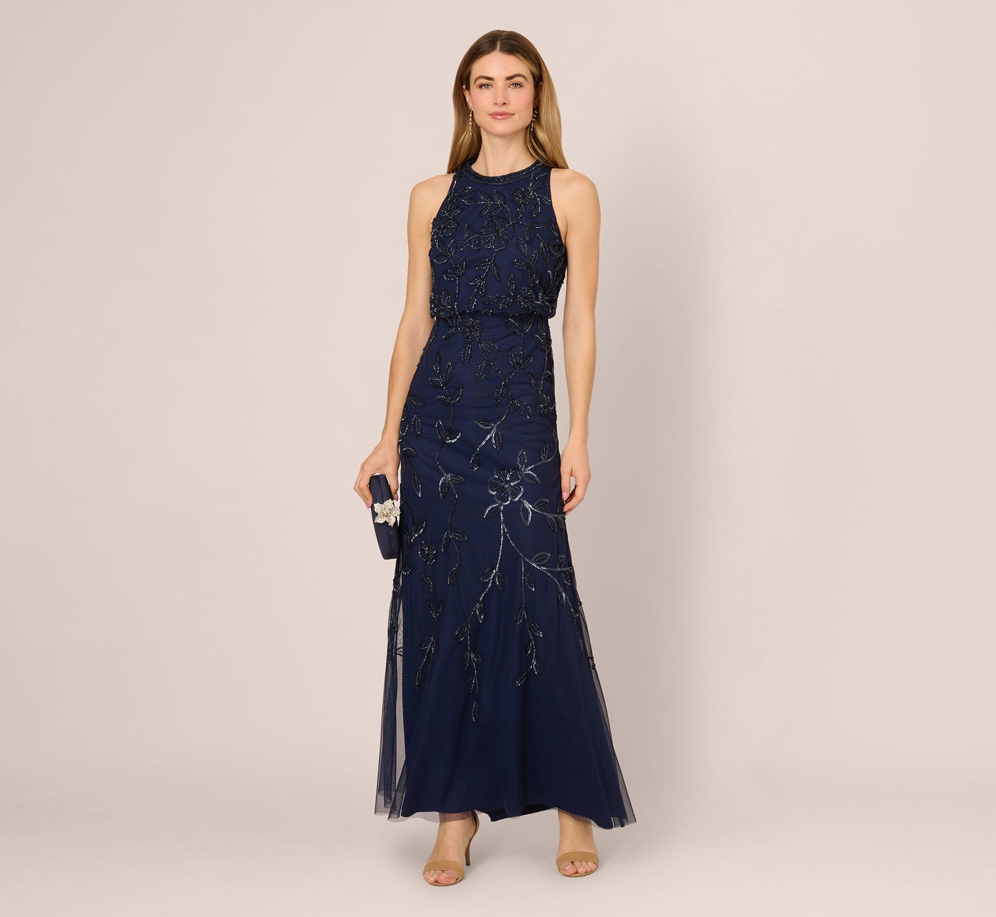 Sleeveless Blouson Mermaid Gown With Jasmine Beading In Light Navy