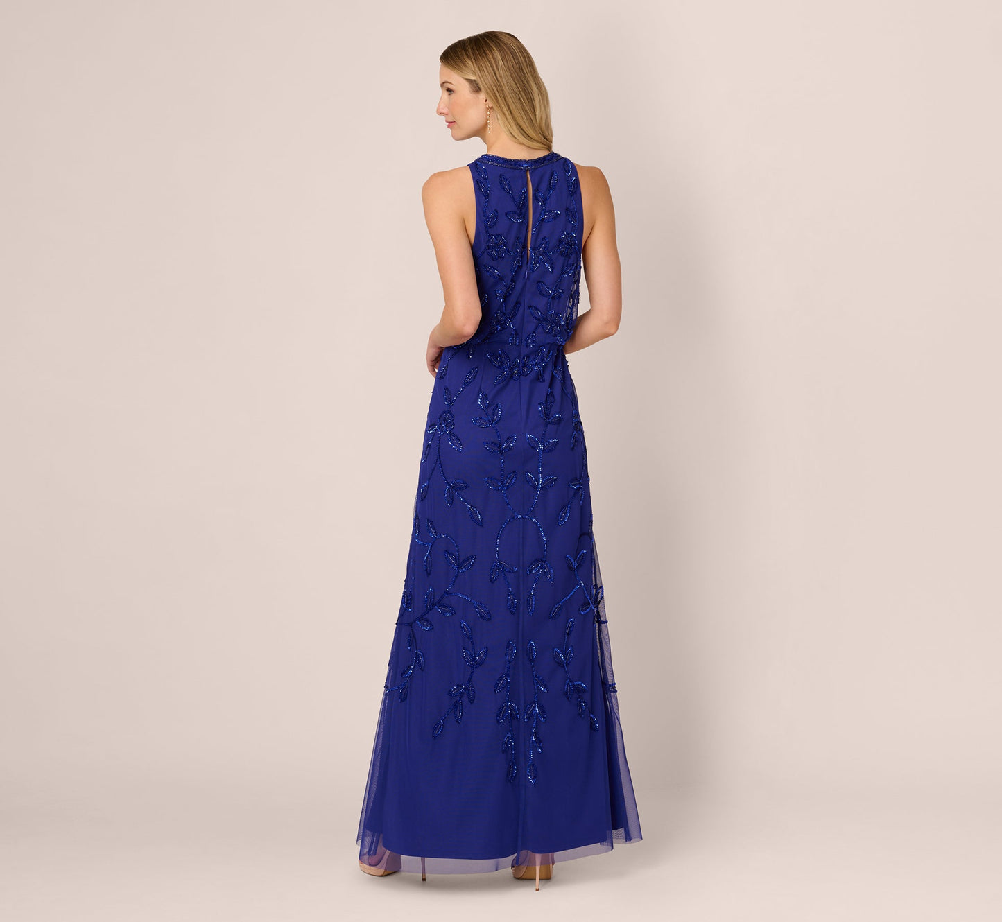 Sleeveless Blouson Mermaid Gown With Jasmine Beading In Dark Blue Violet