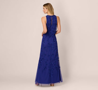 Sleeveless Blouson Mermaid Gown With Jasmine Beading In Dark Blue Violet