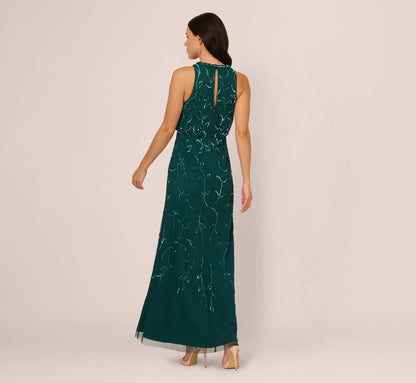 Sleeveless Blouson Mermaid Gown With Jasmine Beading In Gem Green