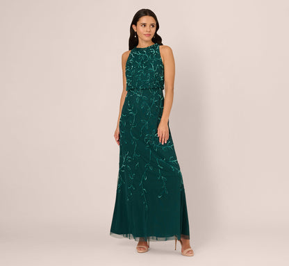 Sleeveless Blouson Mermaid Gown With Jasmine Beading In Gem Green
