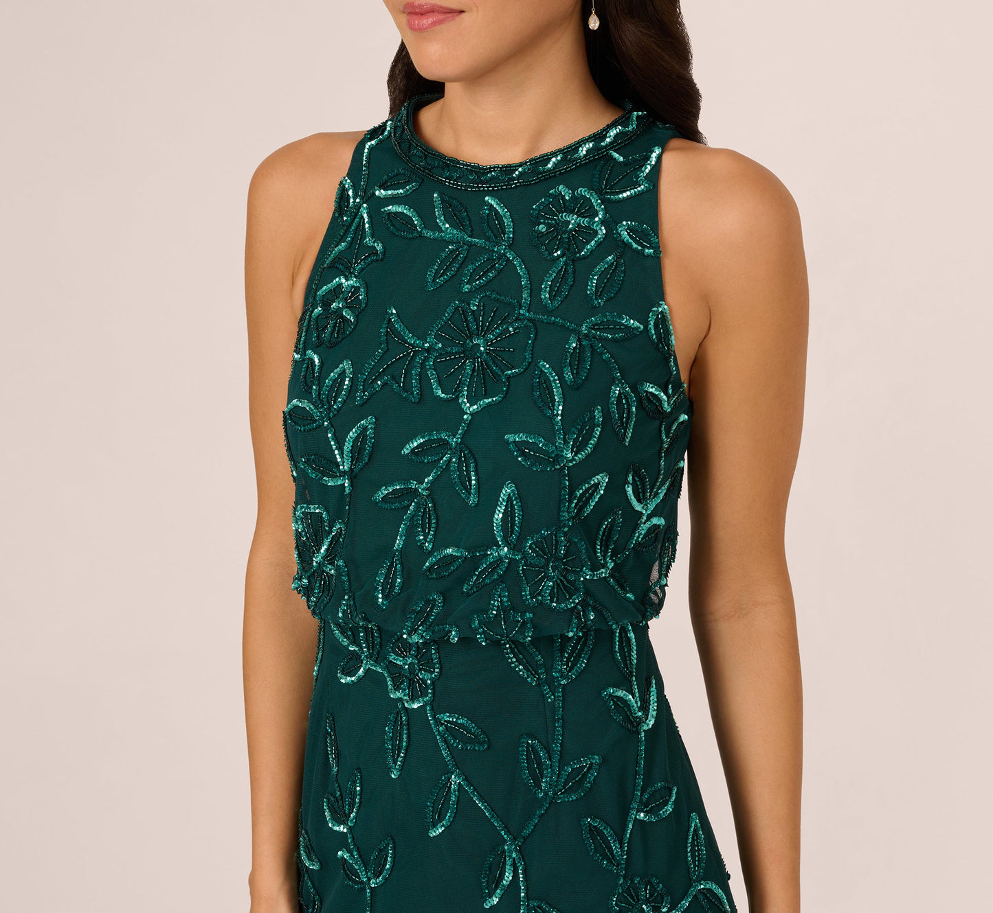 Sleeveless Blouson Mermaid Gown With Jasmine Beading In Gem Green
