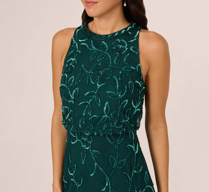 Sleeveless Blouson Mermaid Gown With Jasmine Beading In Gem Green