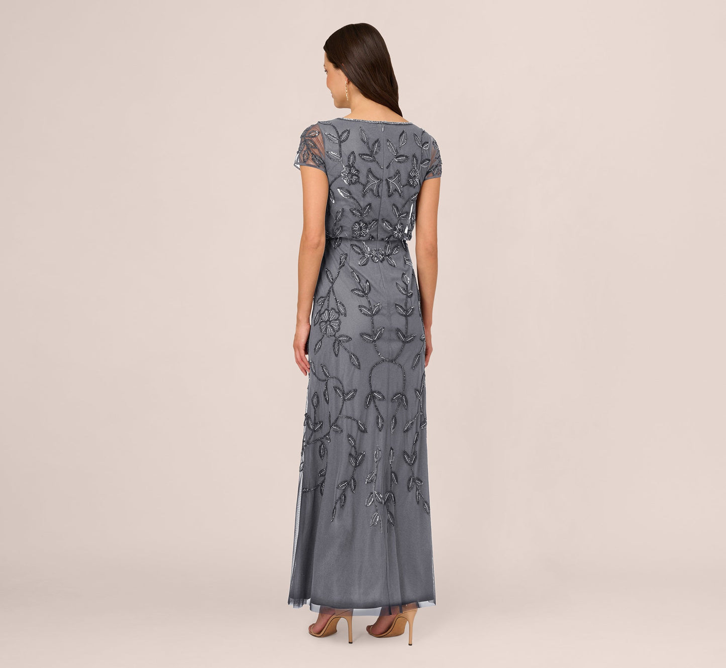 Jasmine Beaded Blouson Gown With Sheer Short Sleeves In Dusty Blue