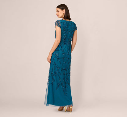 Jasmine Beaded Blouson Gown With Sheer Short Sleeves In Teal Sapphire