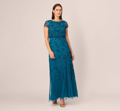 Jasmine Beaded Blouson Gown With Sheer Short Sleeves In Teal Sapphire