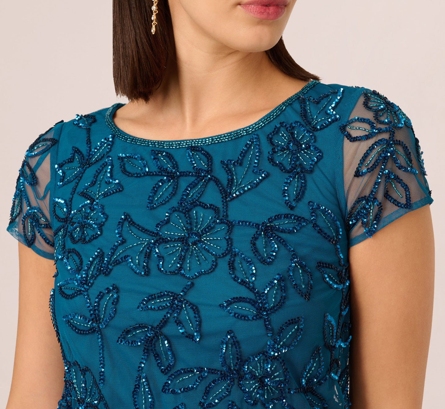 Jasmine Beaded Blouson Gown With Sheer Short Sleeves In Teal Sapphire