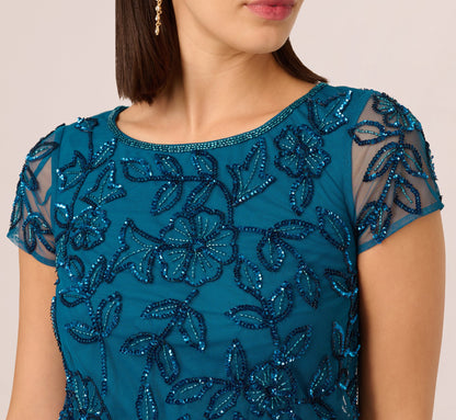 Jasmine Beaded Blouson Gown With Sheer Short Sleeves In Teal Sapphire