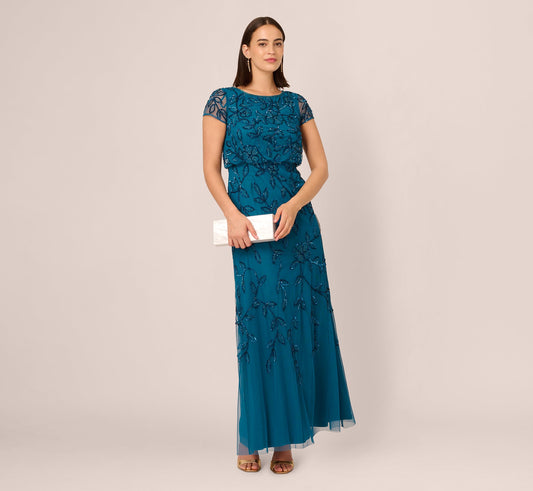 Jasmine Beaded Blouson Gown With Sheer Short Sleeves In Teal Sapphire