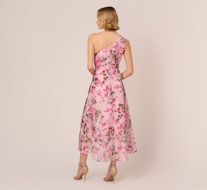 Floral Print Organza Midi Dress With One Shoulder Neckline In Pink Multi